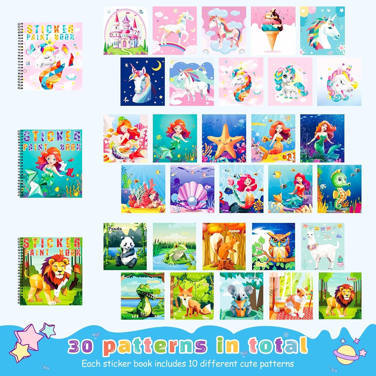 homicozy 3PCS Sticker Paint Books for Kids Ages 4-10,Unicorn Mermaid Animals Designs Paint by Stickers,Sticker by Numbers,Party Birthday Gifts for Girls 4-10,Create 30 Pictures One Stickers at A Time