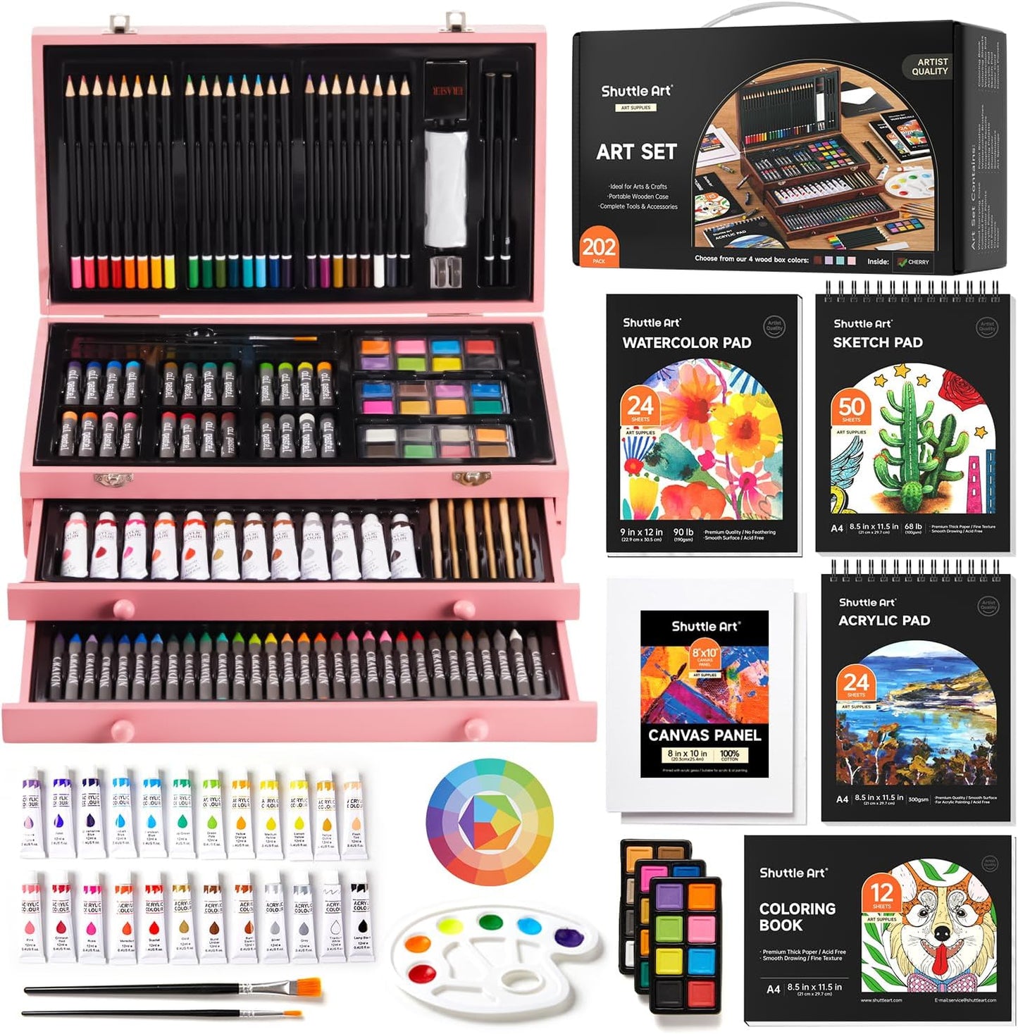 Shuttle Art Deluxe Gift Art Kit, 202-Piece Wooden Art Supplies Set with 4 Drawing Pads, Canvases, Coloring Sheets, Acrylic Paint, Crayons, Oil Pastels, Colored Pencils for Kids