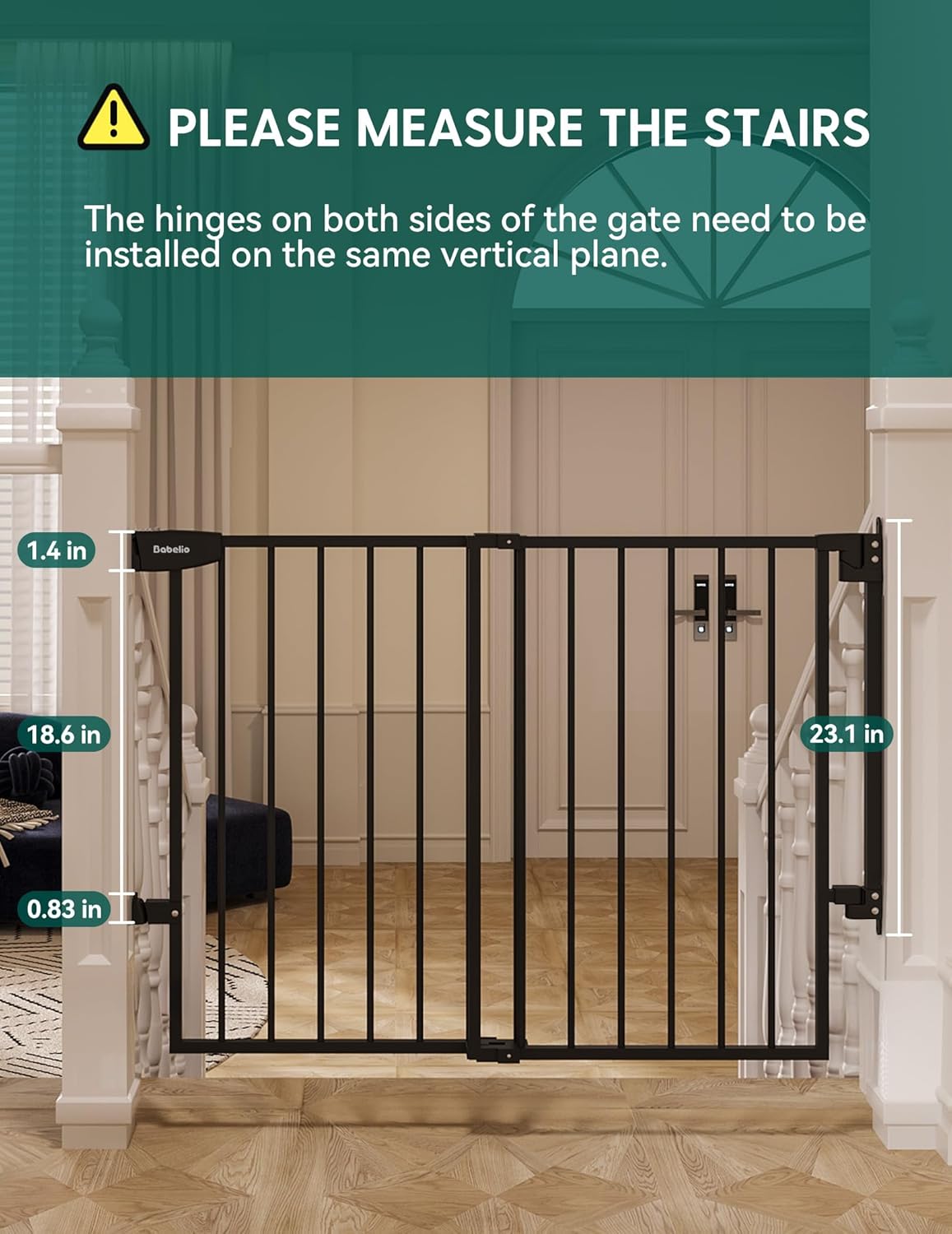 Babelio 34" Tall No Bottom Bar Baby/Dog Gate for Stairs, House and Doorways, 29.7-46.5" Auto Close Safety Pet Gates with Large Walk Thru Door, Hardware Mount, Black