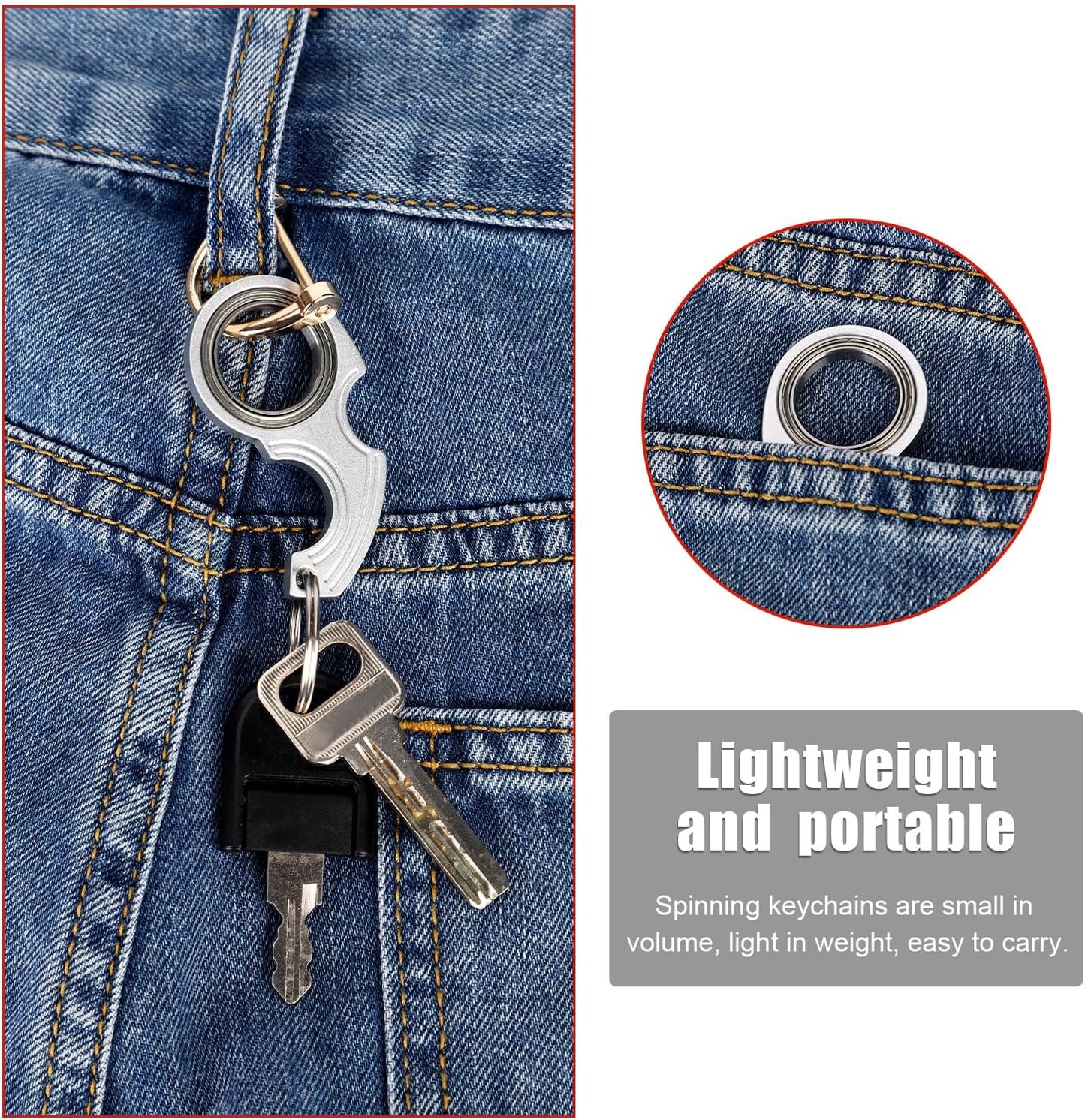 2pcs Key Chain Spinner Fidget Toy, Portable Finger Spinning Keychain with 2pcs Key Ring Funny Key Holder Toys for Adults Teens Finger Exercising (Silver)