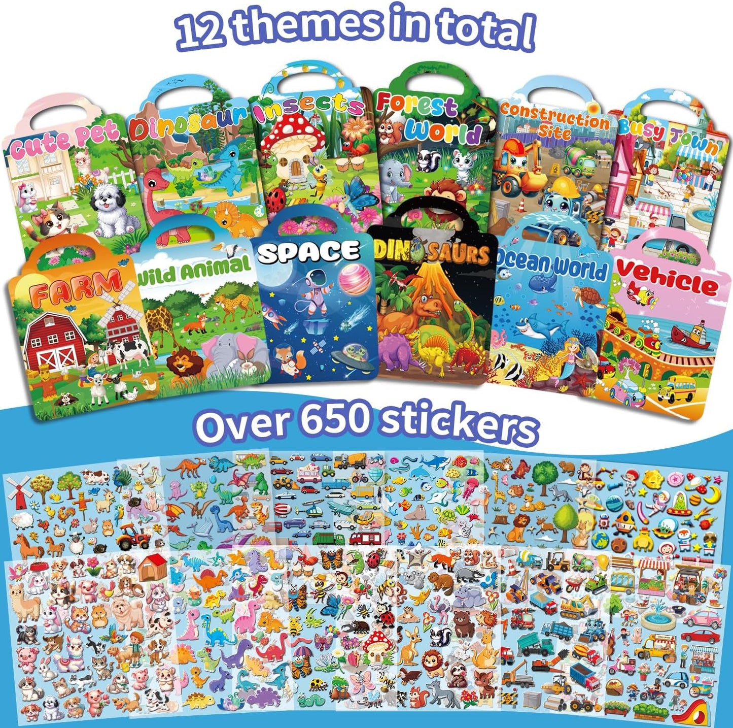 12 Set Reusable Sticker Books for Toddlers 2-4 1-3, Kids 3D Puffy Sticker Activity Books, Birthday Party Favors Goodie Bags Stuffer
