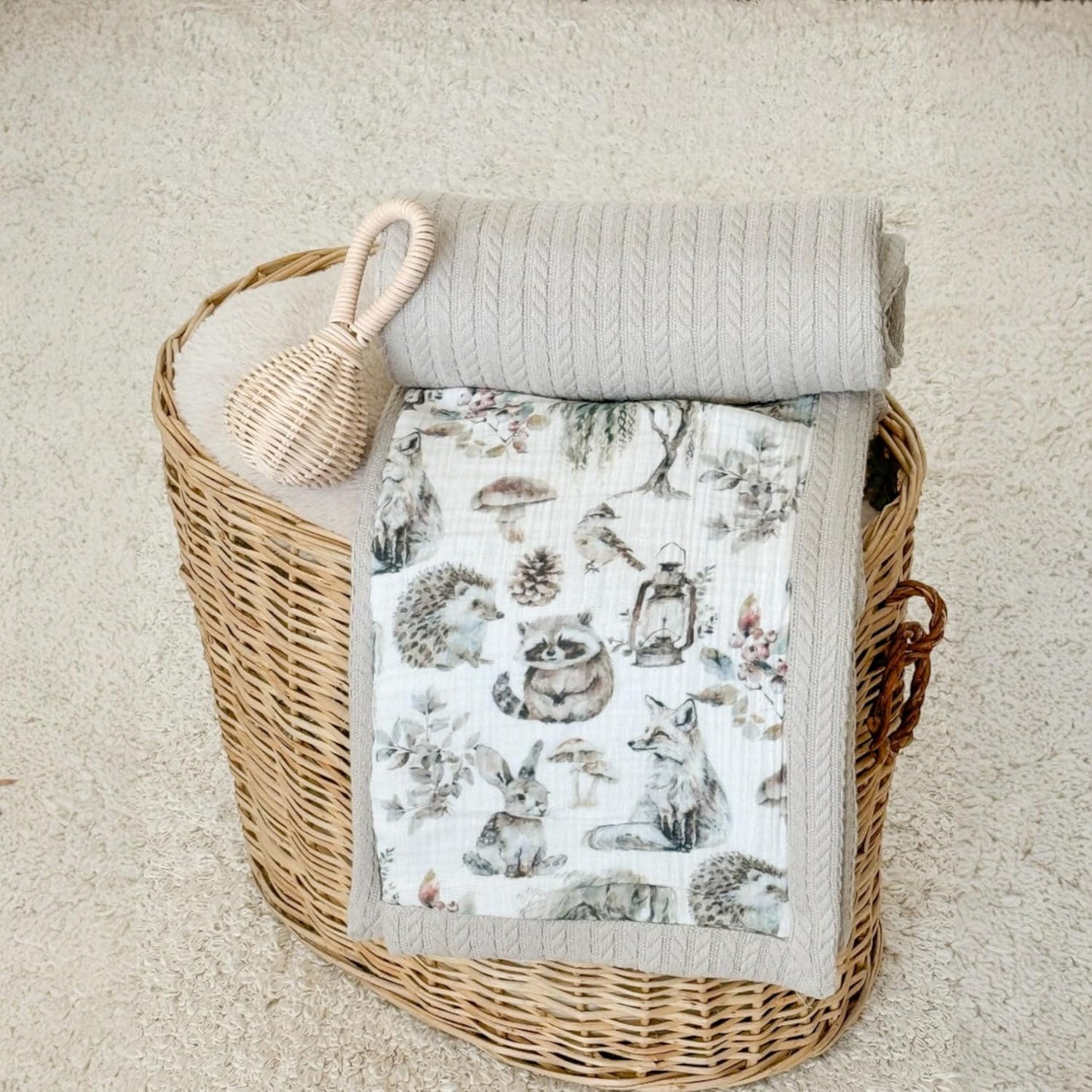 Personalized Baby Blanket with Name – Handmade 100% Organic Cotton Newborn Gift | Custom Knit Blanket for Boys, Girls, Kids & Baby Showers (Stone Beige/Critter Crew)