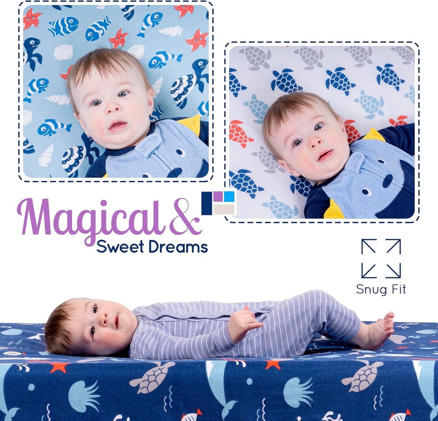 GROW WILD Blue Ocean Baby Crib Sheets for Boys (3 Pack) - Jersey Knit Fitted Sheet (52" x 28"), Toddler Bedding Set & Baby Boy Crib Bedding Set, Turtles and Sea Animals Theme