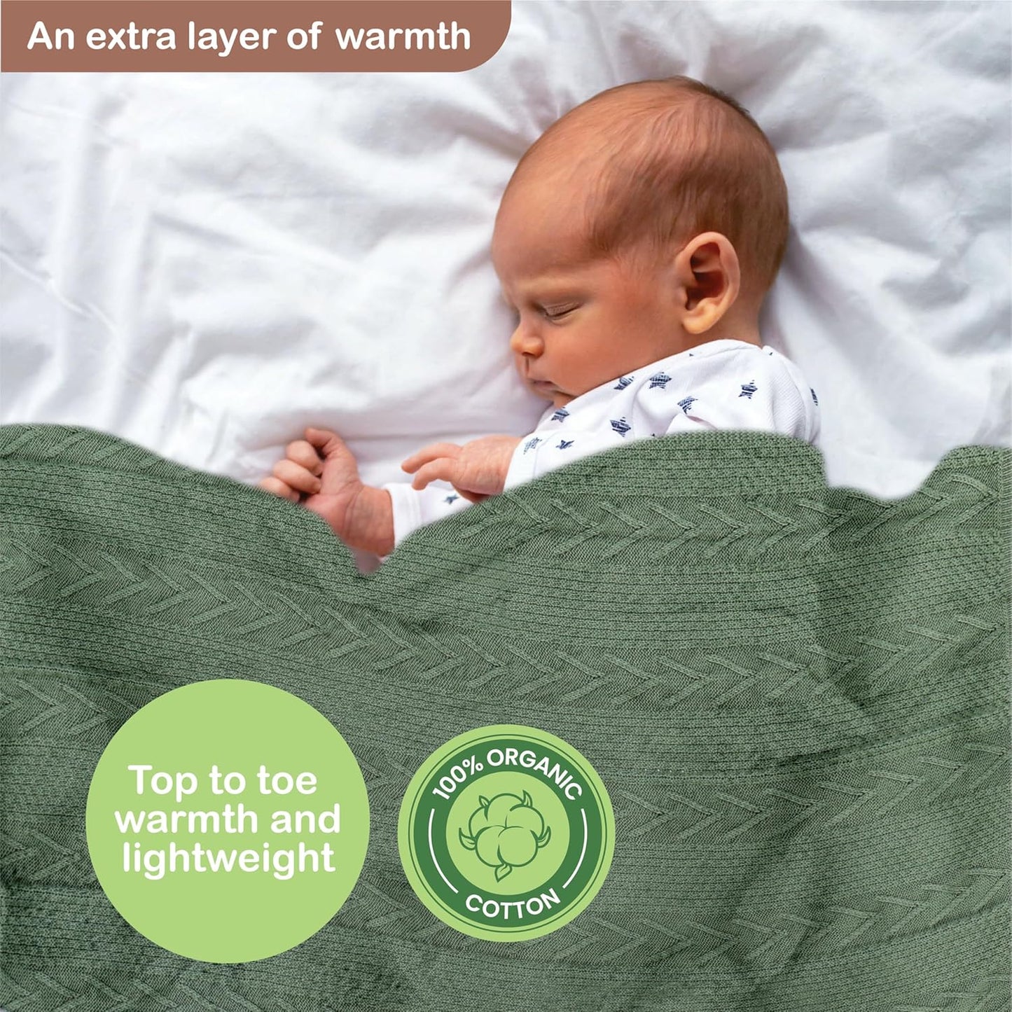 Organic Cotton Baby Blanket - 31.5 x 43.3 Inches, Soft Knitted Crib Blanket for Boys & Girls, Breathable Design (Green)