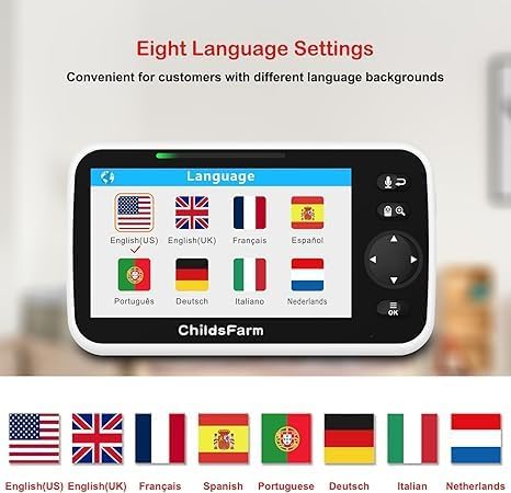 ChildsFarm Video Baby Monitor, 5’’ Screen with 30-Hour Battery, Video Baby Monitor with Camera and Audio, Remote Pan-Tilt-Zoom, 2-Way Talk, VOX, Night Vision, 8 Lullabies, 1000ft Range, No WiF