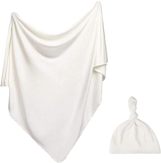 iEvolve Cotton Knitted Baby Swaddle Blanket with Hat Headband Set Newborn Swaddle Wrap Receiving Blankets for Baby Girl Boy 45" x 45"(White)