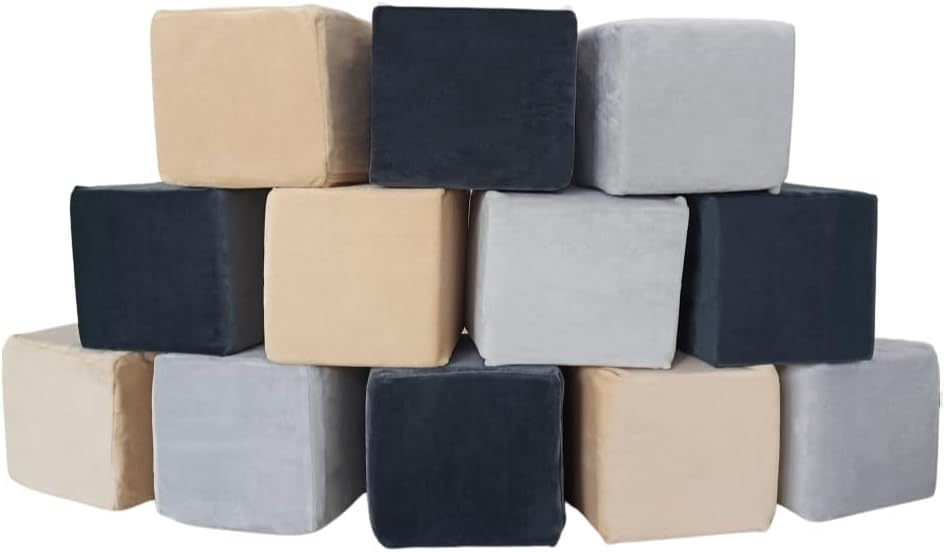 Wonder Space Plush Foam Blocks - Nursery Building & Stacking Toys for Toddlers Boys & Girls, Soft Smooth Velvet Cover, Early Education Gross Motor Skills & Brain Development (12 Cubes, Castle Rock)