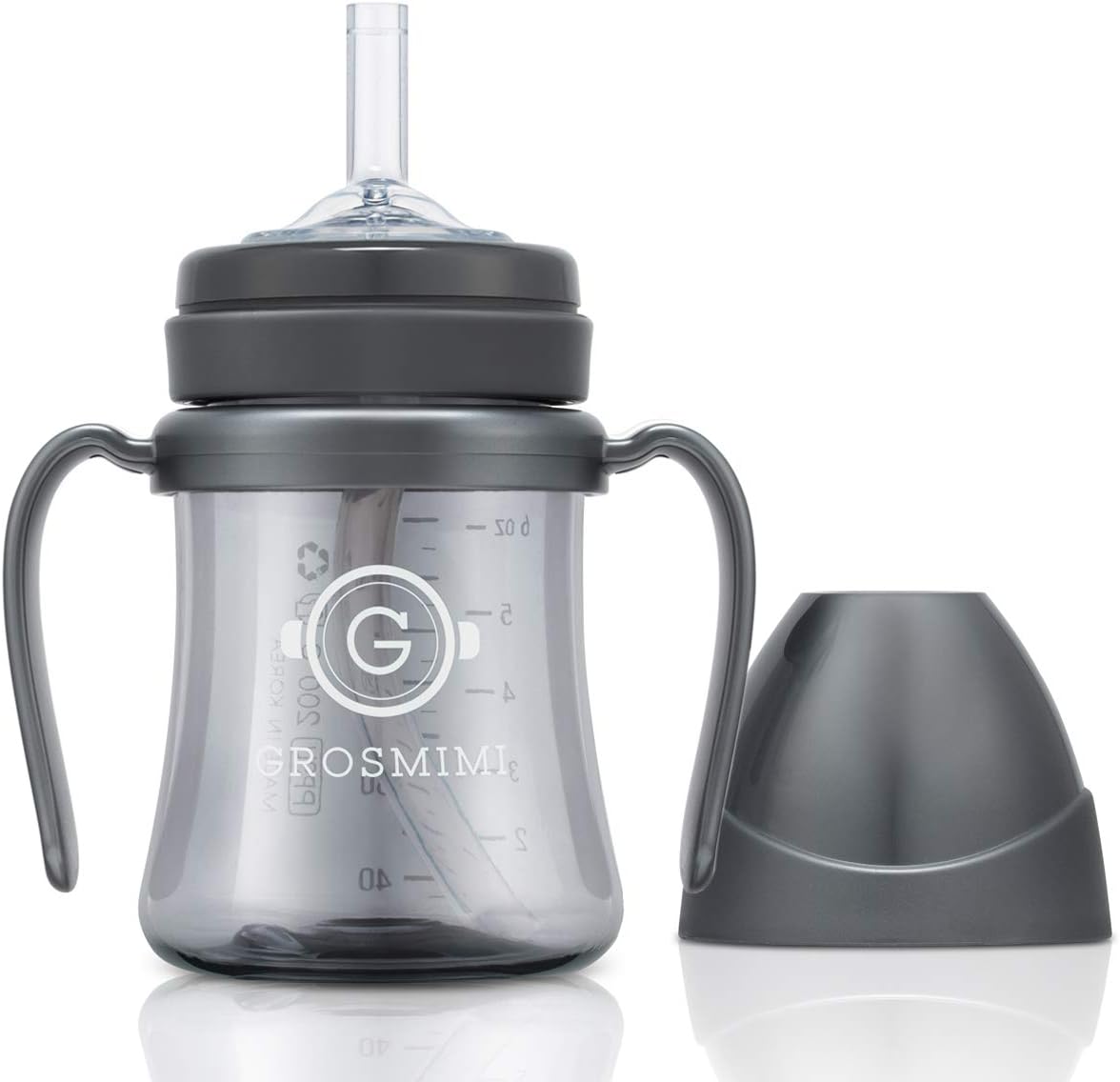 GROSMIMI Spill Proof no Spill Magic Sippy Cup with Straw with Handle for Baby and Toddlers, Customizable, PPSU, BPA Free 6 oz (Charcoal)