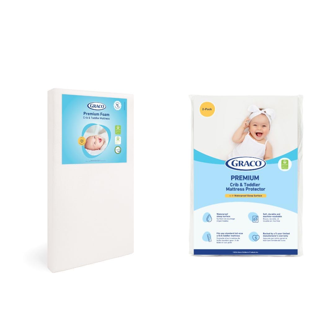 Graco Premium Crib Mattress & Protector Value Bundle (2-Pack) – Includes GREENGUARD Gold Certified Crib & Toddler Mattress, GREENGUARD Gold Certified Waterproof Protector
