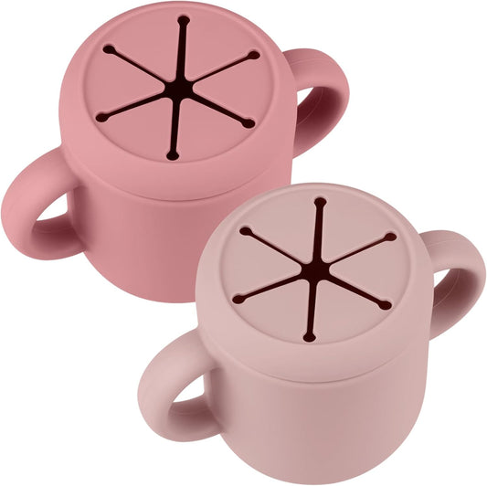 Snack Containers, Silicone Snack Cups for 6-12 Months Toddlers - Pack of 2 Food Grade Silicone Snack Cups with Grip Handle for Baby Led Weaning, Unbreakable (Blush/Mauve)