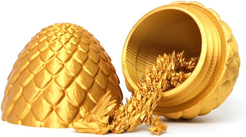 Dragon Egg - Gold - 3D Printed Egg with Flexible Pearly Sheen Dragon Inside, 3D Printed Surprise Gift, Articulated Dragon Egg Fidget Toy, Dragon Figurine Decor