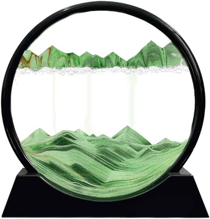 Aoderun Moving Sand Art Picture Round Glass 3D Deep Sea Sandscape in Motion Display Flowing Sand Frame Relaxing Desktop Home Office Work Decor (7", Green)