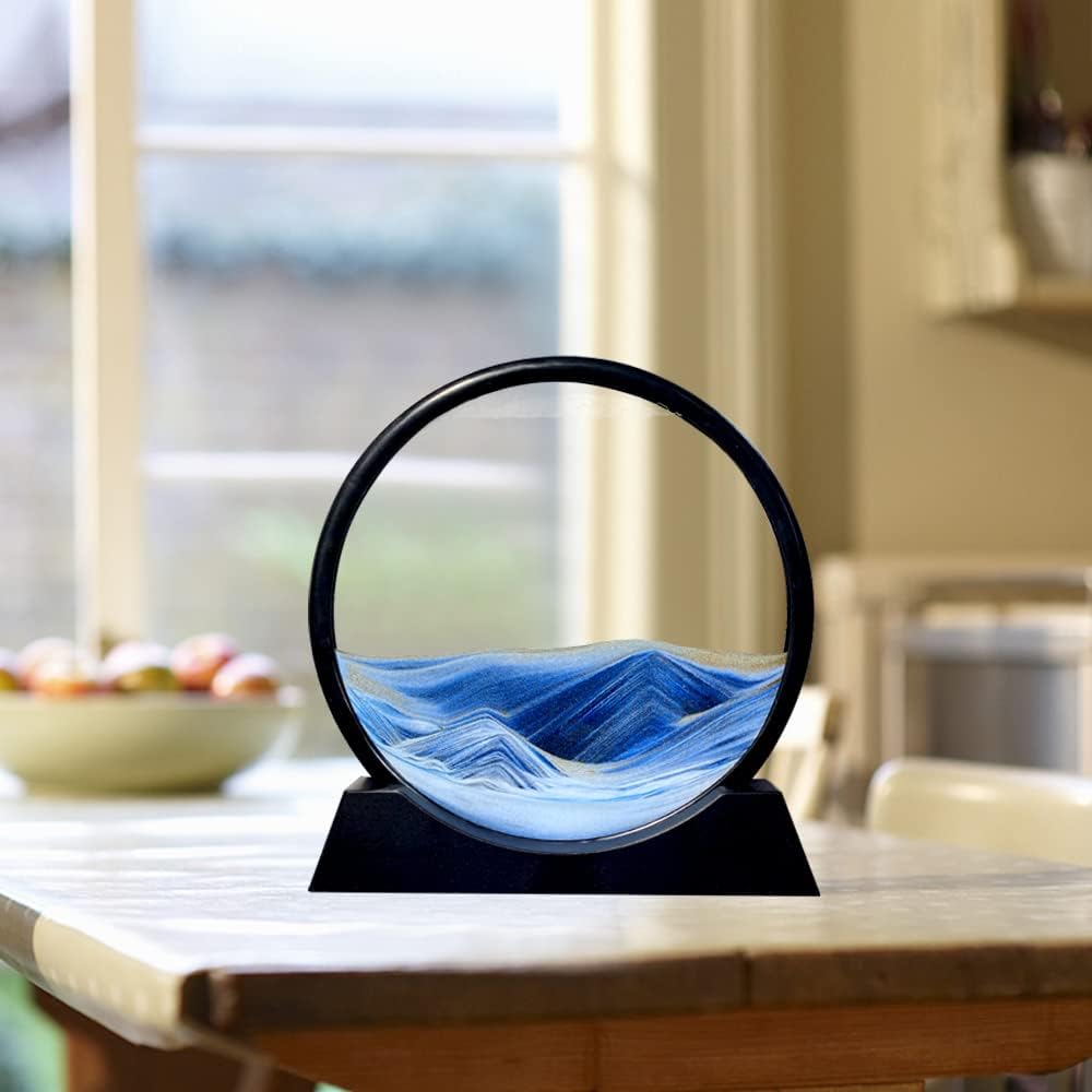 Aoderun Moving Sand Art Picture Round Glass 3D Deep Sea Sandscape in Motion Display Flowing Sand Frame Relaxing Desktop Home Office Work Decor (7", New blue)