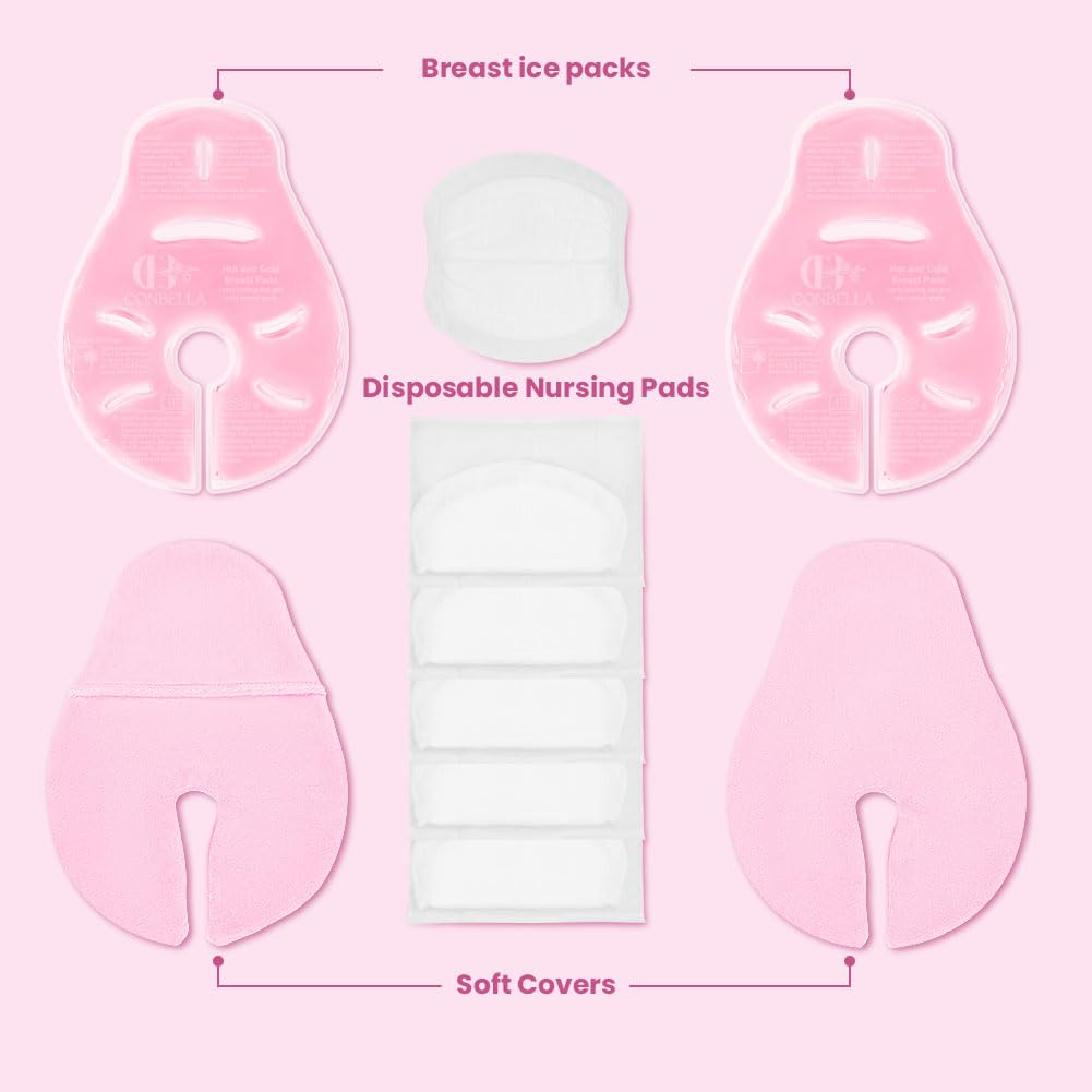 2 Larger Breast Ice Packs with Soft Covers and 6 Breast Pads for Leaking Milk, Hot and Cold Breast Therapy Packs, Breastfeeding Essentials for Relief of Clogged Ducts, Nipple Pain, Engorgement(Pink)