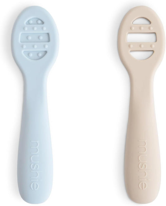 mushie Silicone First Feeding Baby Spoons | 2 Pack (Powder Blue/Shifting Sand)