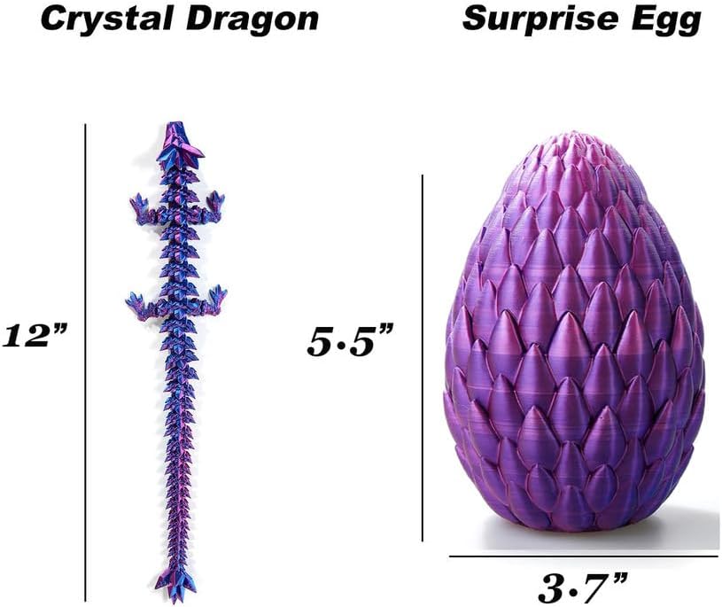3D Printed Dragon Egg, 12'' Mystery Crystal Dragon Egg Fidget Toys Full Articulated Dragon Home Office Decor Executive Desk Toys for Autism/ADHD
