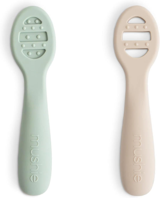mushie Silicone First Feeding Baby Spoons | 2 Pack (Cambridge Blue/Shifting Sand)
