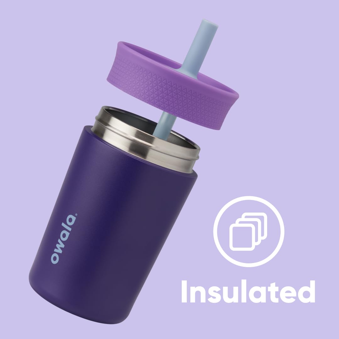 Owala Kids Insulation Stainless Steel Tumbler with Spill Resistant Flexible Straw, Easy to Clean, Kids Water Bottle, Great for Travel, Dishwasher Safe, 12 Oz, Purple (Peacock Palace)