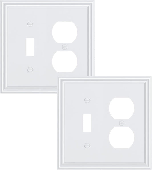 2-Pack Combo Toggle/Duplex Light Switch Cover Plate, Pure White Wall Outlet Cover Plate, Decorative Wall Receptacle Cover for Electrical Outlets, Light Switch, Durable Solid Zinc Alloy