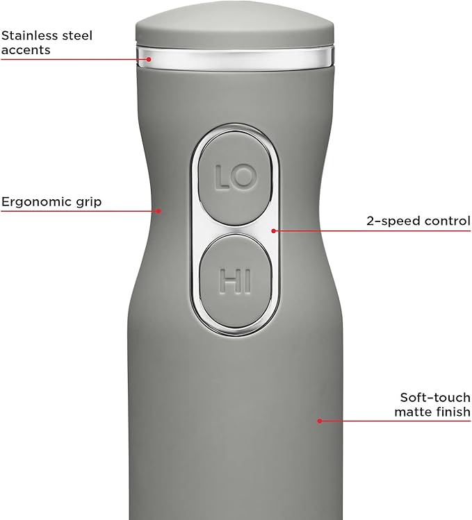 Chefman Immersion Stick Hand Blender with Stainless Steel Blades, Powerful Electric Ice Crushing 2-Speed Control Handheld Food Mixer, Purees, Smoothies, Shakes, Sauces & Soups, Grey