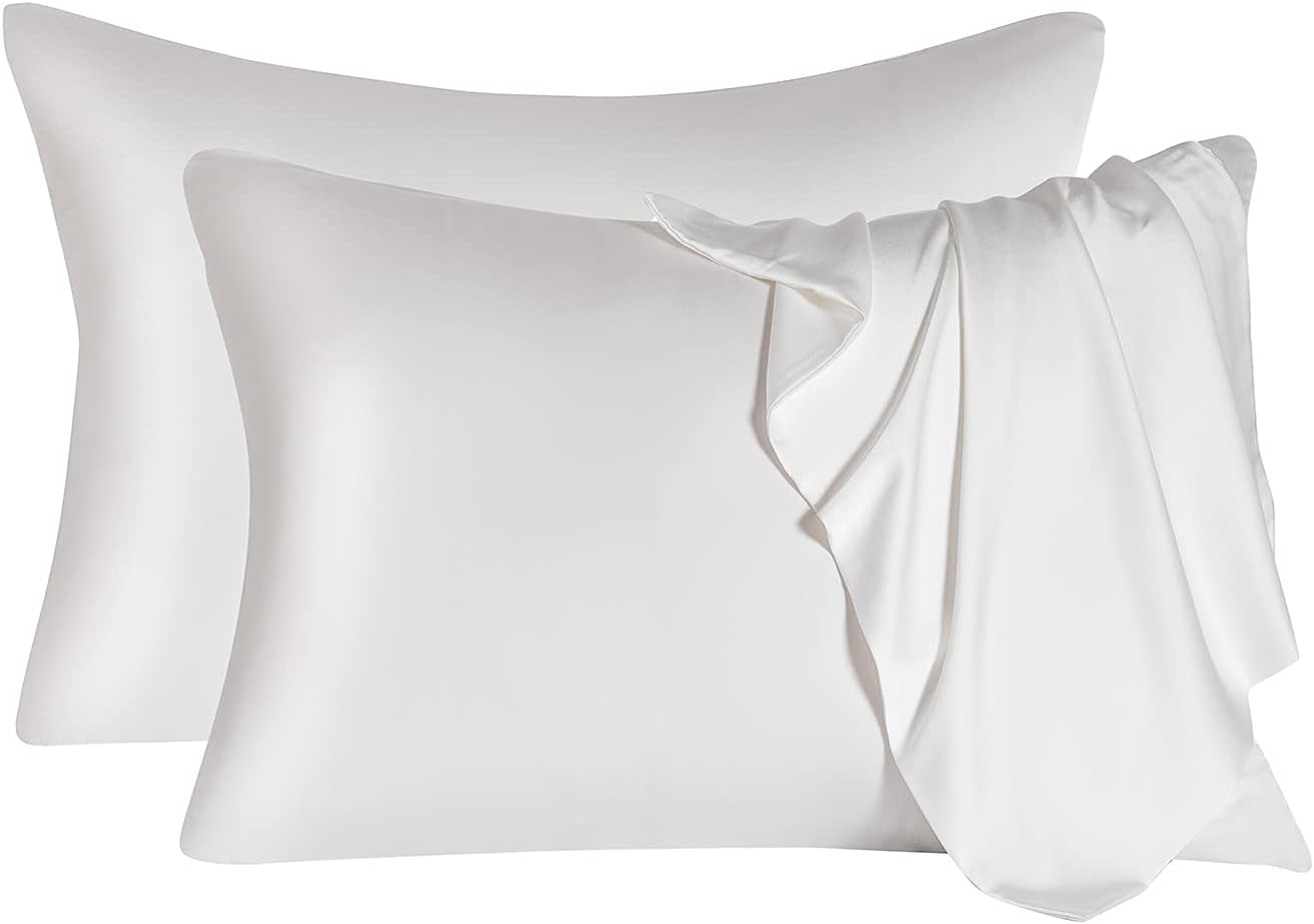 2 Pcs Mulberry Silk Pillowcase for Hair and Skin,Cooling Silk Pillow Case with Hidden Zipper,Allergen Proof Dual Sides Soft Breathable Smooth Silk Pillow Cover for Women(Standard-2PCS,White)