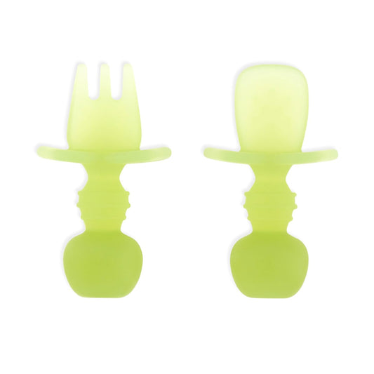 Bumkins Baby Utensils Set, Chewtensils Silicone Spoons for Dipping, Self-Feeding, Baby Led Weaning, Trainer Learning, First Stage Eating, Soft Practice Fork and Spoon, Babies 6 Months, Green Jelly