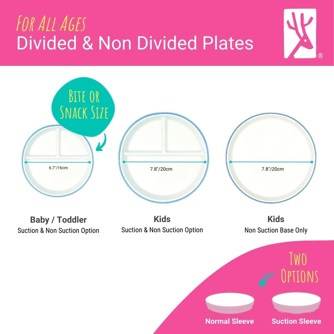 Elk and Friends Kids 7.8” Porcelain Divided Plates with Silicone Suction Sleeves | Suitable for Kids/Toddlers | Microwave & Dishwasher Safe | Non Slip | Snack Dishes | 2 Pack