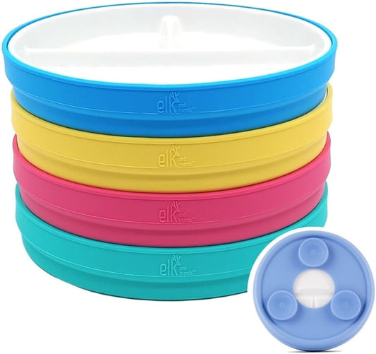 Elk and Friends Kids 6.7” Porcelain Divided Plates with Silicone Suction Sleeves | Suitable for Babies/Kids/Toddlers | Microwave & Dishwasher Safe | Non Slip | Snack Dishes | 4 Pack