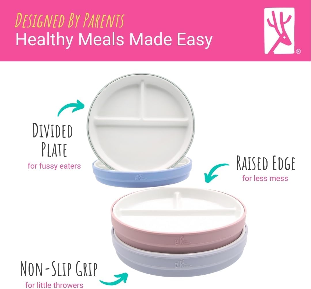 Elk and Friends Kids 6.7” Porcelain Divided Plates with Silicone Sleeves | Suitable for Babies/Kids/Toddlers | Microwave & Dishwasher Safe | Non Slip | Snack Dishes
