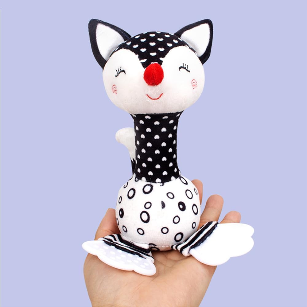 D-KINGCHY Baby Toys 0-12 Months, Black and White Newborn Toys, Soft Plush Rattle Stuffed Animal Toy with Teether and Sound, Developmental Hand Grip Toys (Fox)