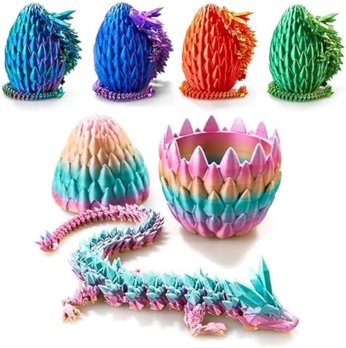 3D Printed Dragon Fidget Toys Dragon Egg 12inch Flexible Dragon Toy 3D Printed Dragon Egg with Articulated Dragon Inside Fidget Toys for Autism/ADHD Easter Toys Gifts(RainbowMulti)