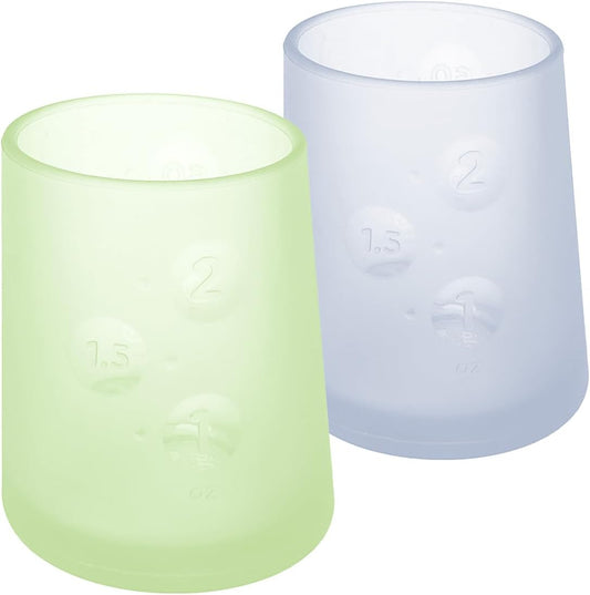 Olababy First Cup | Clear Sense 100% Silicone Infant Trainer Cup | 2oz Medicine Cup for Newborn | Non-Slip & Sloping Design for Tiny Hands & Baby Led Weaning (Kiwi/Blueberry, 2 Cups)