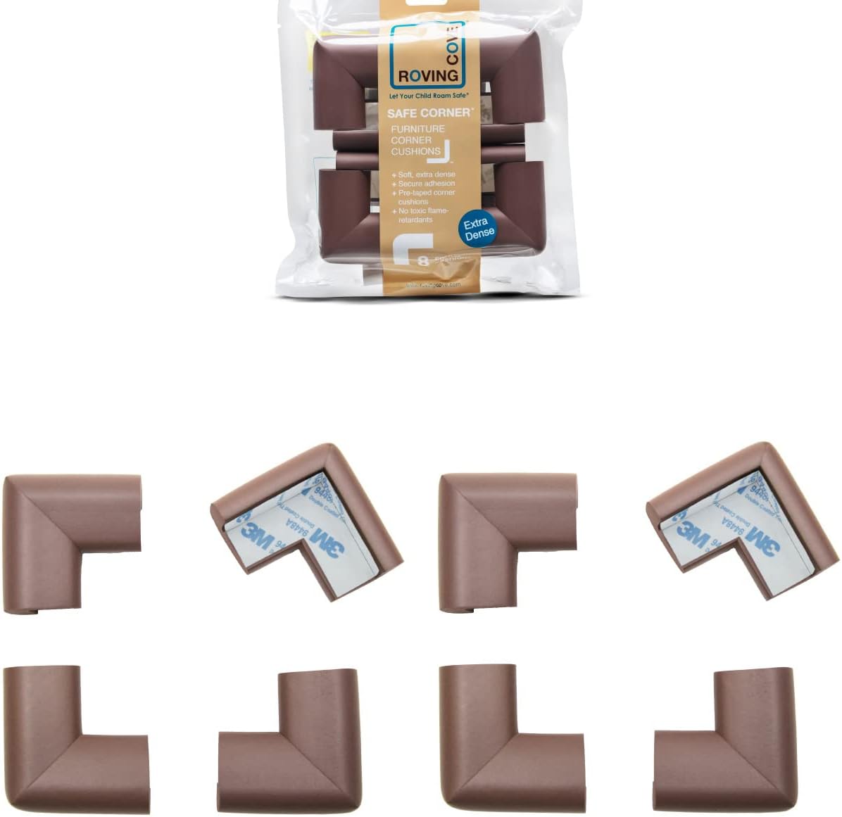 Roving Cove HeftyFit Corner Protector for Baby (8 Large Corners), Heavy-Duty Soft Rubber Foam Furniture Corner Bumper Guards, 3M Adhesive Pre-Taped, Coffee Brown