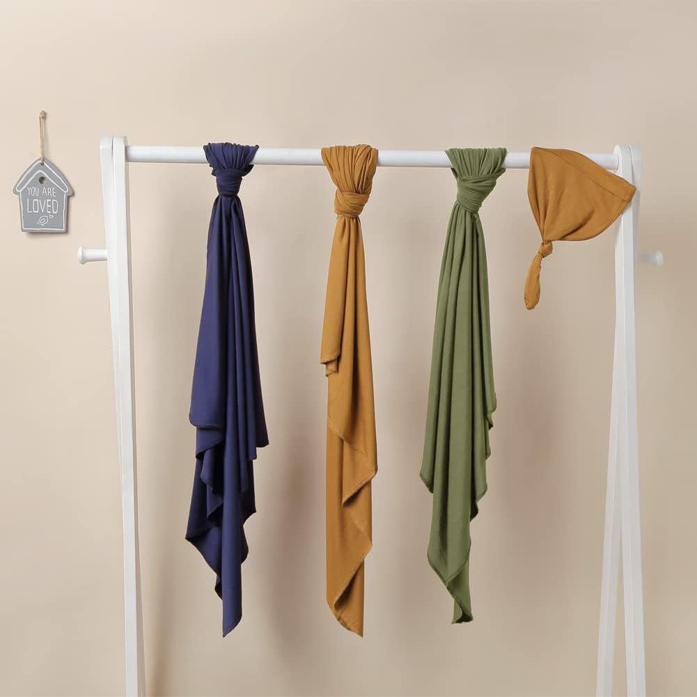 iEvolve Cotton Knitted Baby Swaddle Blanket with Hat Headband Set Newborn Swaddle Wrap Receiving Blankets for Baby Girl Boy 35" x 35"(Ginger)