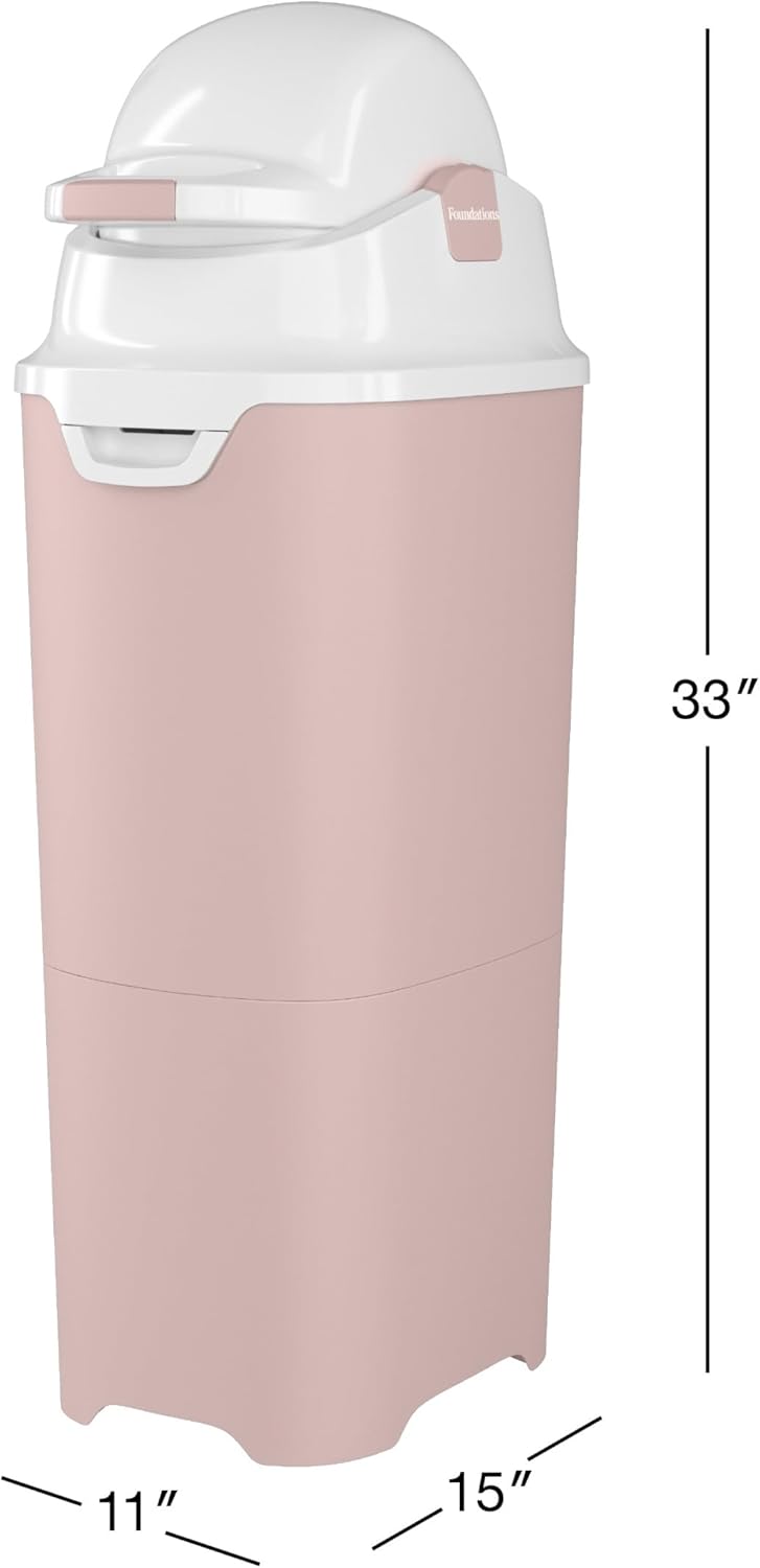 Foundations Tall Diaper Pail with Airtight Lid - Durable & Odorless Diaper Disposal, Large Capacity, Holds up to 60 Newborn Diapers, Refill with Any Bags - Pink