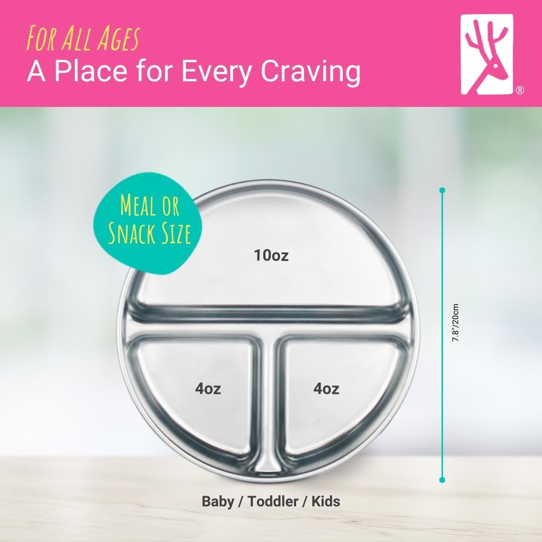 Stainless Steel Divided Plates + Silicone Sleeve and Storage Lid | Baby, Toddler, Kids | Dinner & Snack Plates | 4 Pack