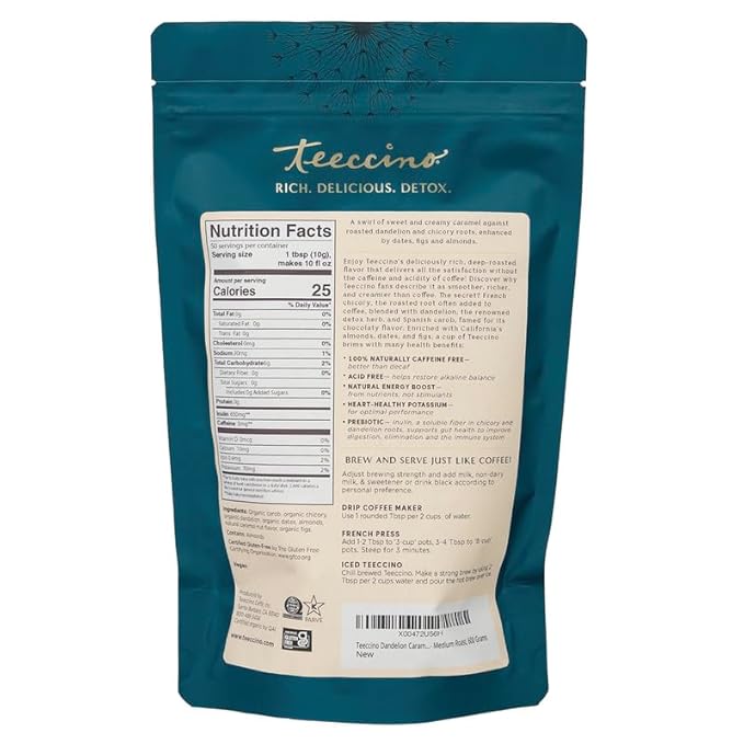 Teeccino Dandelion Caramel Nut Herbal Coffee, 1.1 Pound - Caffeine-Free Coffee Alternative with Prebiotics, Gluten Free, Acid Free - Medium Roast