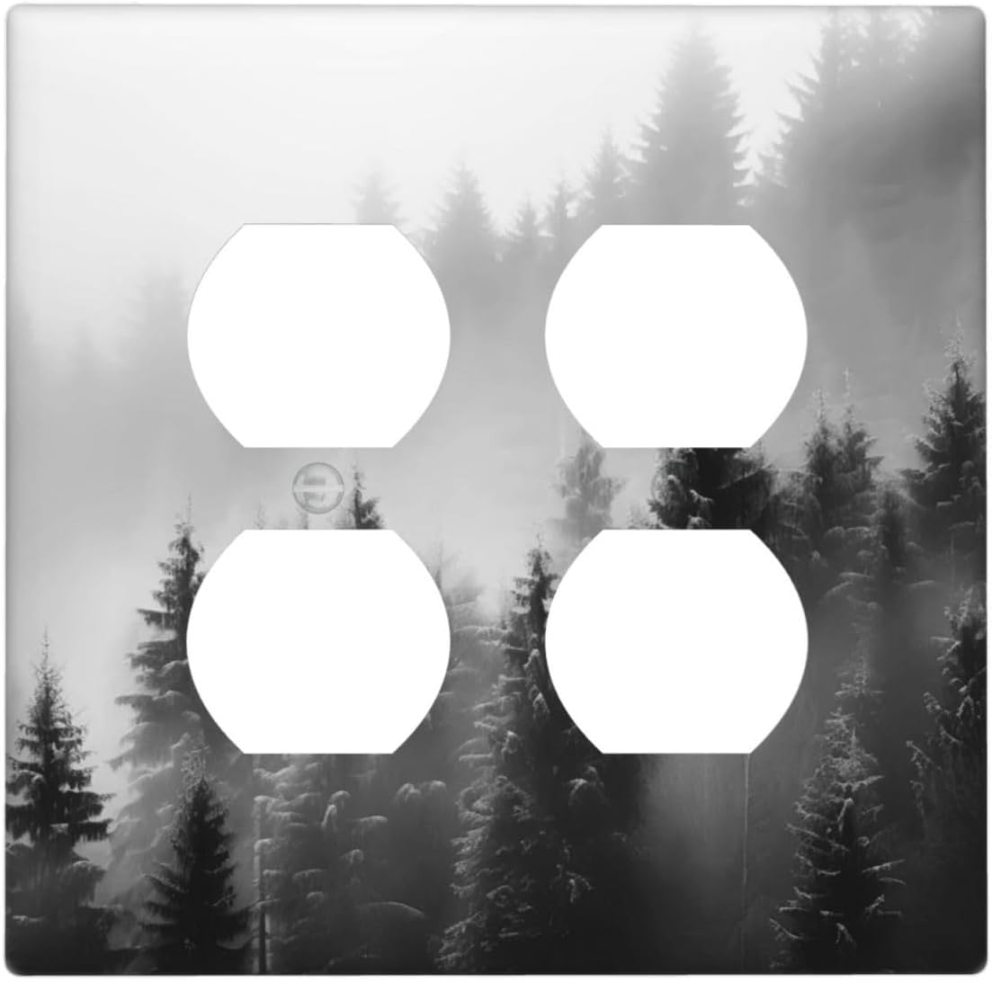 Foggy Forest Natural Scenery Retro Tree Pine Outlet Covers 2 Gang Double Duplex Decorative Light Switch Covers Electrical Wallplates Socket Faceplate for Bed Room Living Room Decor