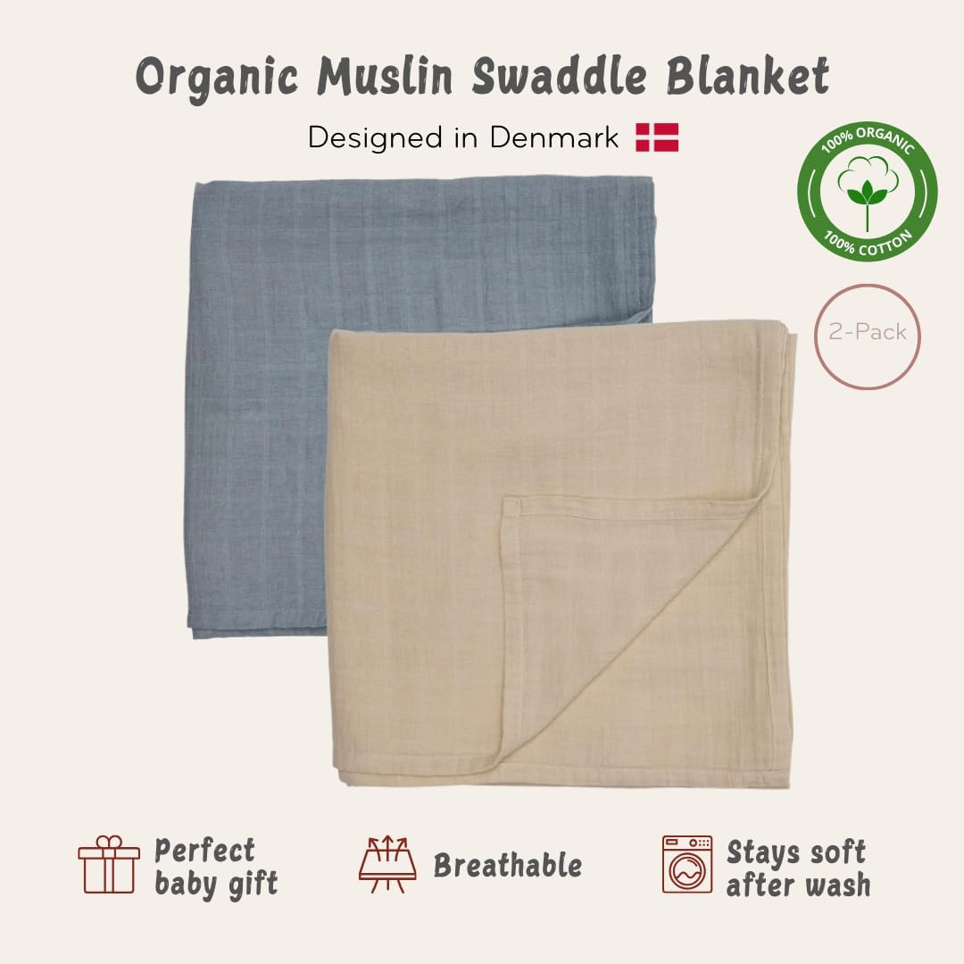 Swaddle - 100% Organic Cotton - Muslin Swaddle Blankets for Newborn, 47" x 47" 2-Pack (Fog/Tradewinds)