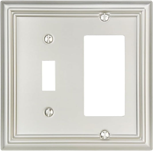 1-Pack Combination Toggle/Decorator Wall Plate, Metal Wall Plate Cover for Light Switch, Receptacle, Dimmer Switch, Satin Nickel, 2-gang, Midsize