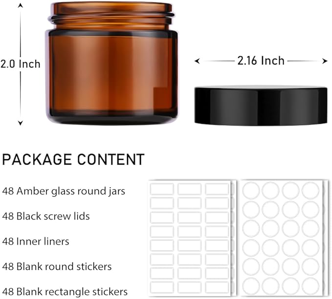 2 oz Small Glass Jars with Lids, Bumobum 48 pack Round Amber Glass Candle Jars with Black Lids, White Labels & Inner Liners, Empty Cosmetic Containers for Cream, Lotion, Slime