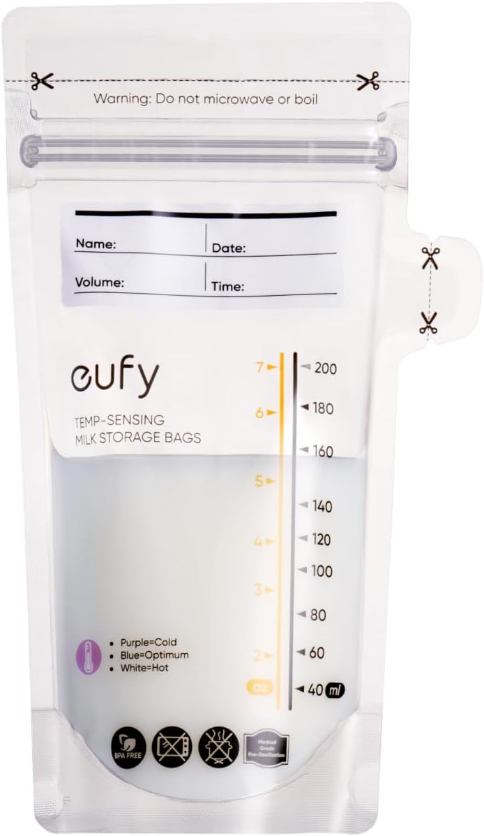 eufy Breast Milk Storage Bag with Temperature Sensing Color Change, Milk Storing Bags for Breastfeeding, 7 oz Disposable Storage Bags, Self-Standing, Leakproof Milk Freeze Storage Pouches (120 Pieces)