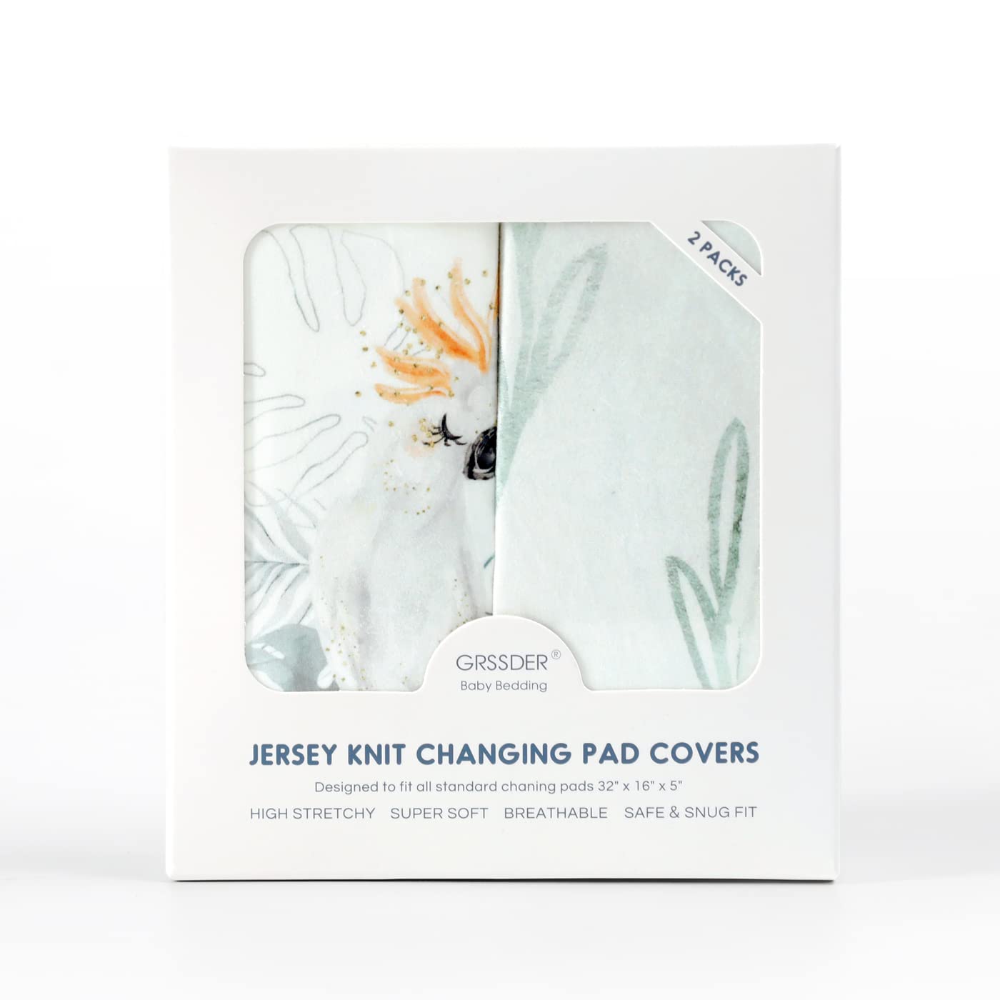 GRSSDER Stretch Ultra Soft Jersey Knit Changing Pad Cover Set 2 Pack, Change Table Pad Covers Fit 32"/34" x 16" Pads Safe and Snug, Stylish Watercolor Animals for Baby, Mint Green