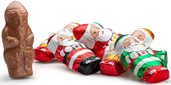 Madelaine Solid Premium Chocolate Mini Santas, (1/2 LB) Wrapped In Italian Foil Featuring Assorted Designs - (Half Pound)