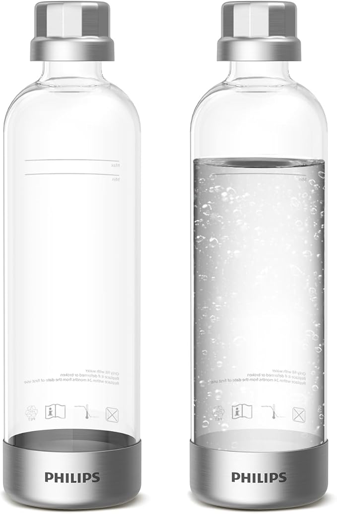 PHILIPS Carbonating Bottles ADD916/37, 1L Twin Pack Reusable PET Sparkling Water Bottles Compatible Sparkling Water Maker, 2 Pack for ADD4902BKOQ/37, ADD4902WHOQ/37 and ADD4901GROQ/37, ADD4901BKOQ/37