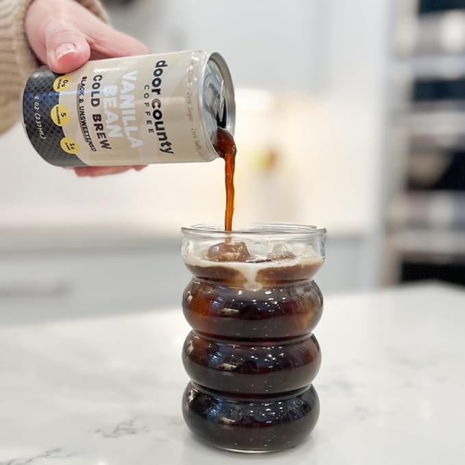 Door County Coffee Vanilla Bean Ready to Drink Canned Cold Brew - 8oz - 6 Pack - Cold Pressed Coffee, 5 Calories, Bold & Rich, Flavorful, 145mg Natural Caffeine