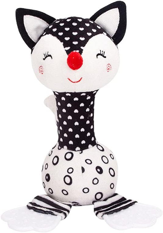 D-KINGCHY Baby Toys 0-12 Months, Black and White Newborn Toys, Soft Plush Rattle Stuffed Animal Toy with Teether and Sound, Developmental Hand Grip Toys (Fox)