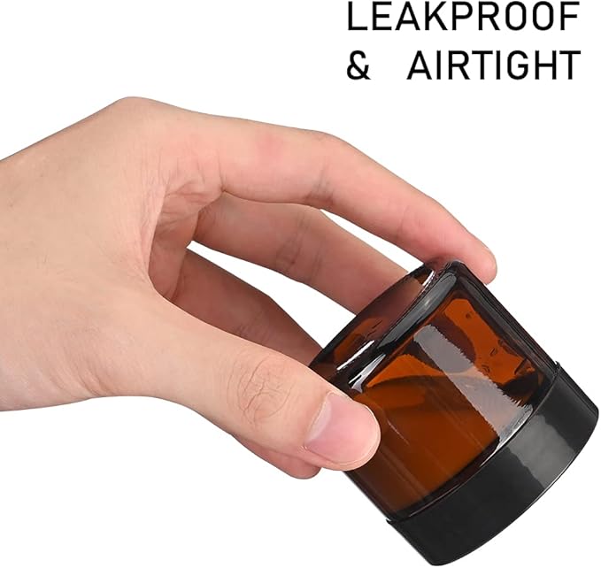 2 oz Round Amber Glass Jars, Bumobum 70 pack Cream Jars with Black Lids, Black and White Labels & Inner Liners, Empty Cosmetic Containers for Cream, Lotion