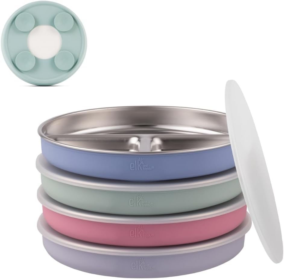 Elk and Friends Stainless Steel Divided Plates with Silicone Sleeve for Babies & Toddlers | Lids Included | Stay Put Suction | Dinner & Snack Plates | 4 Pack