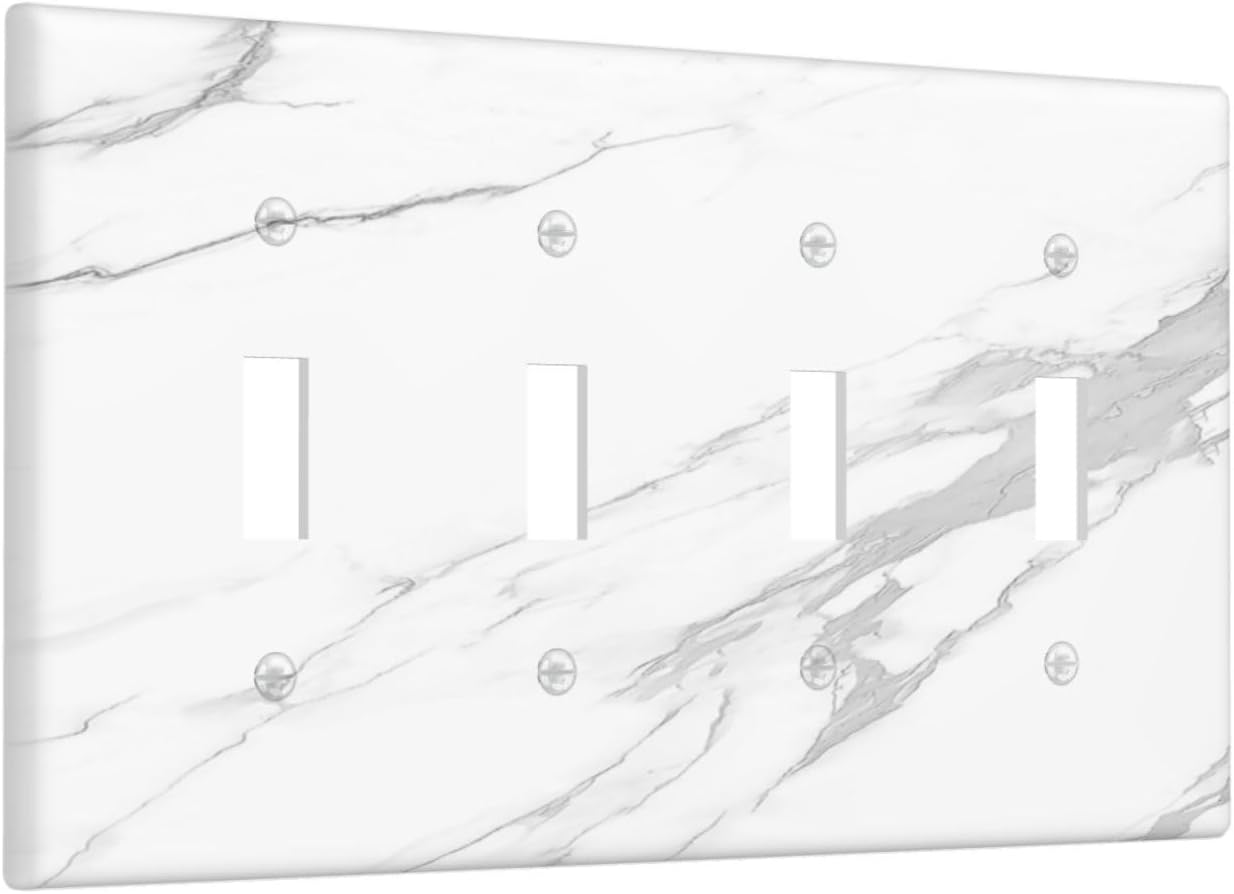 Light Switch Covers Modern White Gray Marble Quad Toggle Electrical Faceplate 4 Gang Wall Plate Decorative Switch Plates for living Room Bathroom Decor